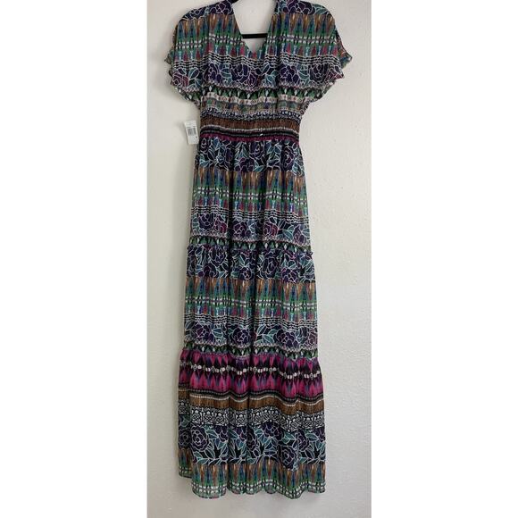 Chris McLaughlin Size 4 Boho Maxi Dress Multicolor Tribal Floral Print V Neck - Picture 7 of 13